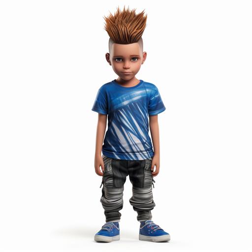 a 3d realistic modern 7-year-old boy with modern braided Mohawk hairstyle and unique facial features , sporting a pair of funky, brightly ,blue pants with an oversized, graphic print t-shirt. They love layering, so they might throw on a denim jacket or a quirky cardigan to add some texture and dimension to their look. Their footwear choices are equally as eclectic, ranging from sparkly sneakers to mismatched socks with fun designs. Full body range, no background