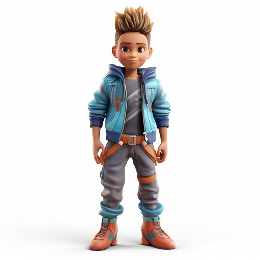 a 3d realistic modern 7-year-old boy with modern braided Mohawk hairstyle and unique facial features , sporting a pair of funky, brightly ,blue pants with an oversized, graphic print t-shirt. They love layering, so they might throw on a denim jacket or a quirky cardigan to add some texture and dimension to their look. Their footwear choices are equally as eclectic, ranging from sparkly sneakers to mismatched socks with fun designs. Full body range, no background