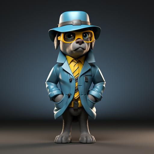 a 3d render of a dog detective all in hues of blue, grey and yellow