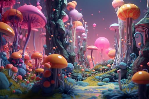 a 3d rendering inspired by 3d moti0n design in redshift renderman vray and arnold rendered motion graphics of a magical forest filled with 3d rendered psychadelic plat life, creatures and environment inspired by the art of camille rose garcia and Ken Kelleher with. some jim henson infused. --ar 3:2