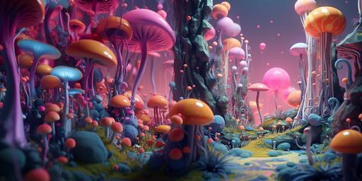 a 3d rendering inspired by 3d moti0n design in redshift renderman vray and arnold rendered motion graphics of a magical forest filled with 3d rendered psychadelic plat life, creatures and environment inspired by the art of camille rose garcia and Ken Kelleher with. some jim henson infused. --ar 2:1