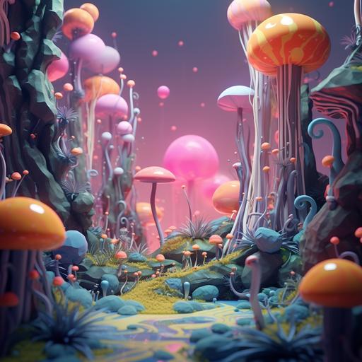 a 3d rendering inspired by 3d moti0n design in redshift renderman vray and arnold rendered motion graphics of a magical forest filled with 3d rendered psychadelic plat life, creatures and environment inspired by the art of camille rose garcia and Ken Kelleher with. some jim henson infused.