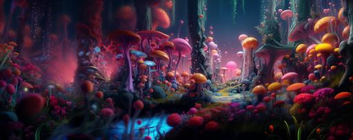 a 3d rendering inspired by 3d moti0n design in redshift renderman vray and arnold rendered motion graphics of a magical forest filled with 3d rendered psychadelic plat life, creatures and environment inspired by the art of camille rose garcia and Ken Kelleher with. some jim henson infused. --ar 5:2