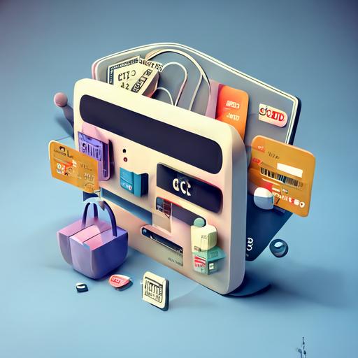 a 3d slide cartoon style picture of a e commerce web with items are sold on the web with a central credit card --q 0.5 --v 4