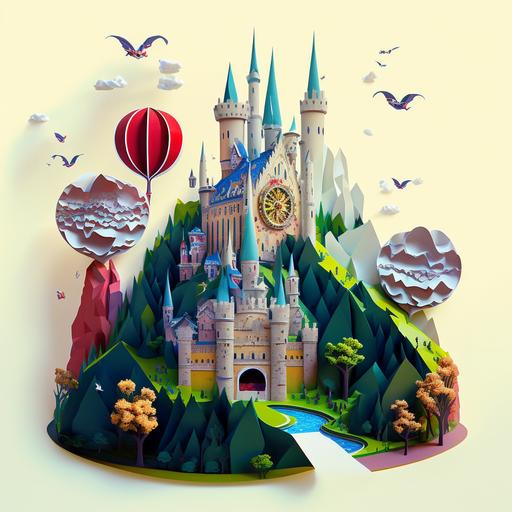 a 3d world made of stickers, castle, fairytale --v 4