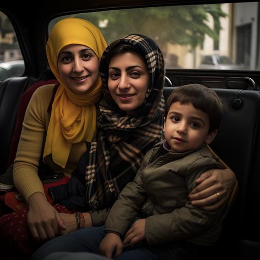 a 4-year-old boy sitting in a taxi on his mom's lap or knee with two other strangers in the yellow taxi. there is not enough space they sit tightly and the mom is not happy about this situation. The mom and boy have the style of Iranian or Middle Eastern. The mom has a black scarf or hijab. boy has a pigeon as a toy in her hand. Nobody laughs and the atmosphere is hot and sweaty. atmosphere tight and packed with two other guys sitting in the back of the taxi next to Mom as well so there is not enough room for Mom. also, mom has a hijab or scarf.