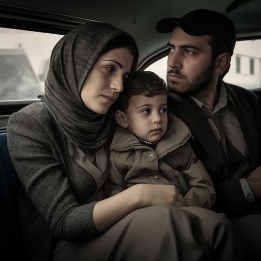 a 4-year-old boy sitting in a taxi with a pigeon dull in his hand sitting on his mom's lap or knee with two other tall men in the car. there is not enough space they sit tightly the mom face is not happy The mom and boy have the style of Iranian or Middle Eastern. The mom has a black scarf or hijab. Atmosphere is hot and sweaty tight and packed with two other guys sitting in the back of the taxi next to Mom as well so there is not enough room for Mom.