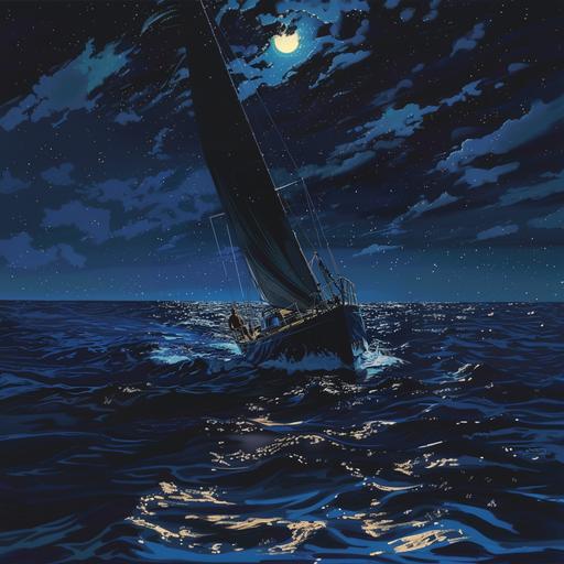 a 40 foot sailing yacht crossing an ocean at night. The helmsman is looking up to the stairs above. The rigging and sails are silhouetted against the stars