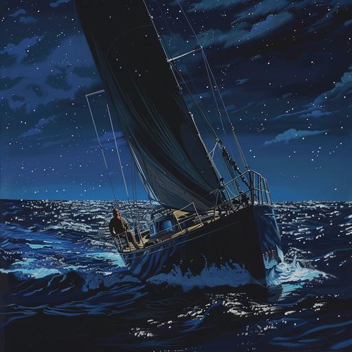 a 40 foot sailing yacht crossing an ocean at night. The helmsman is looking up to the stairs above. The rigging and sails are silhouetted against the stars