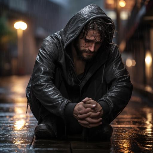 a 40 years old man been nostalgic with a hoodie under the rain stitting on a side walk heads down and crying with a broken heart , on hd 8k surrea
