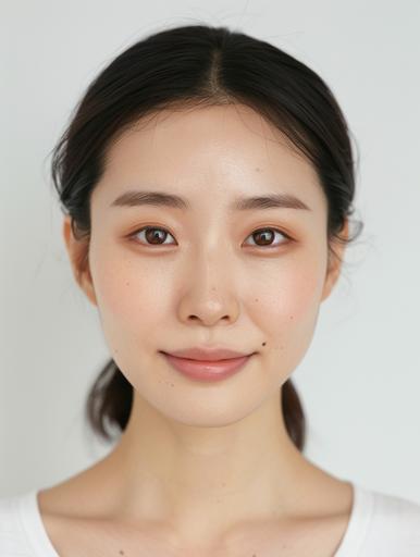 a 42 years old korea aisa woman, pretty, neutral, no makeup, very natural, front view, Very droopy Eyes where the left eyelid is slightly droopy than the right, eyes without double eyelids, good skin details, smile, prefect jawline, all hair at the back, tidy pony tail hair style, wearing V-neck nit white, light grey backdrop, studio lighting, real, photo, focus on full face, shoot by sonya7c, 70mm lens --ar 3:4