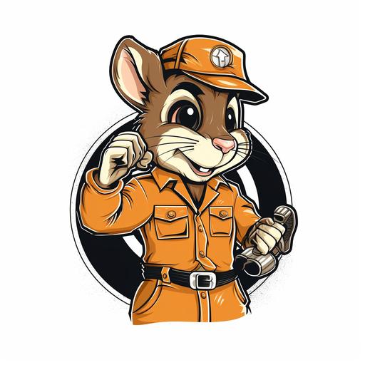 a 5 colors logo of a full-figured dormouse, disguised as an auto mechanic in overalls, facing viewer, pointing his index finger in front of him, 70's style