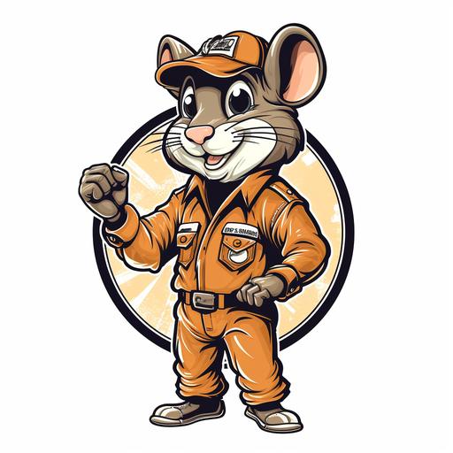 a 5 colors logo of a full-figured dormouse, disguised as an auto mechanic in overalls, facing viewer, pointing his index finger in front of him, 70's style