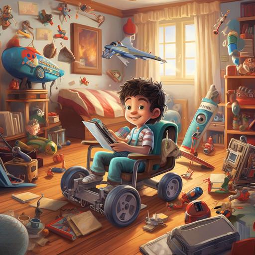 a 5 year old cartoon character boy in a modern wheelchair playing with a toy rocket ship in his hands while in bedroom with other toys including a guitar and toy cars around him