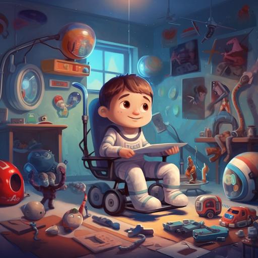 a 5 year old cartoon character boy in a wheelchair wearing a space suit like an astronaut playing with a toy rocket ship that is on the floor of his bedroom with other toys including a guitar and toy cars around him