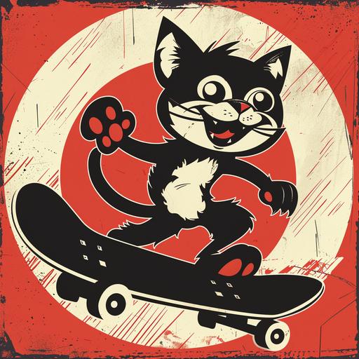 a 50s-style logo of a skateboarding cat mascot