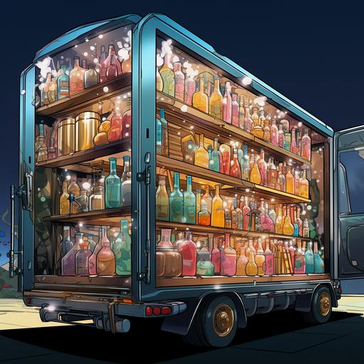 a 53 foot trailer with swing doors open and inside a cargo of glass botles cartoon style