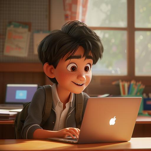 a 5th grade student in a classroom, seated at a student desk , looking intently at a laptop, curious smile, natural light, animation style