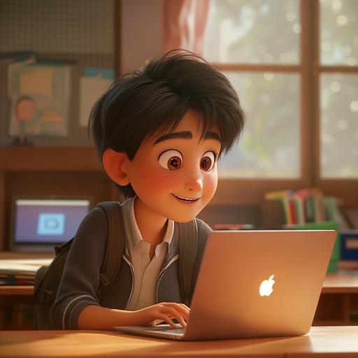 a 5th grade student in a classroom, seated at a student desk , looking intently at a laptop, curious smile, natural light, animation style --v 6.0