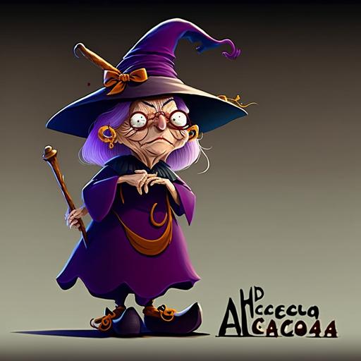 a 60-year-old witch in a purple dress and hat and with a broom, cartoon.