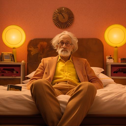 a 60 years old man is sittig on a bed in anime marco style and Wes Anderson Hotel Chevalier movie