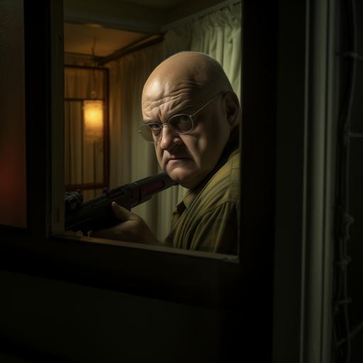 a 61 year old, bald fat man, holding a shot gun, back to camera, looking a through window. 9:16 ur