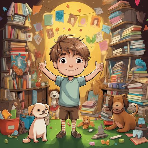 a 7 year old boy with light brown straight hair, smiling, saying “Thank You”. Cartoon style. Green and gold colours. Surrounded by books, dogs, rainbows, emojis, paper aeroplanes and music notes.