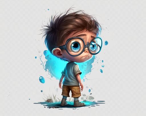 a 7 years child, eye glasses, blue eyes, standing from back, catching a glance, cartoon, transparent background, space theme, --ar 5:4