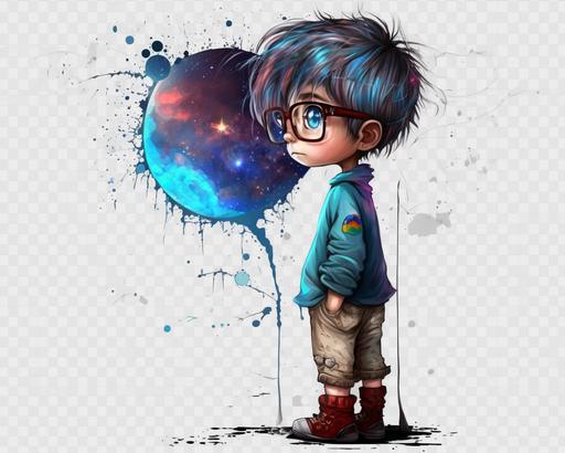 a 7 years child, soft smile, eye glasses, blue eyes, standing, back view, catching a glance, cartoon, transparent background, space theme, --ar 5:4