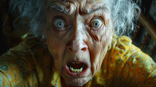 a 70-year-old кгыышфт grandmother looks out from under her forehead, very angry, screams, photorealistically, --ar 16:9 --s 250