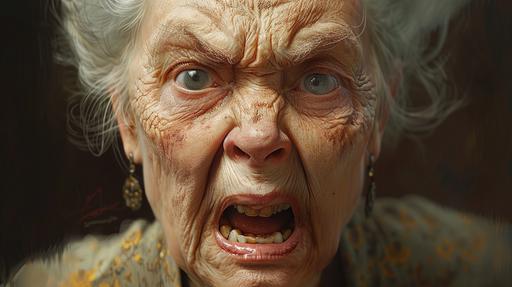 a 70-year-old russian grandmother looks out from under her forehead, very angry, screams, photorealistically, --ar 16:9 --s 250