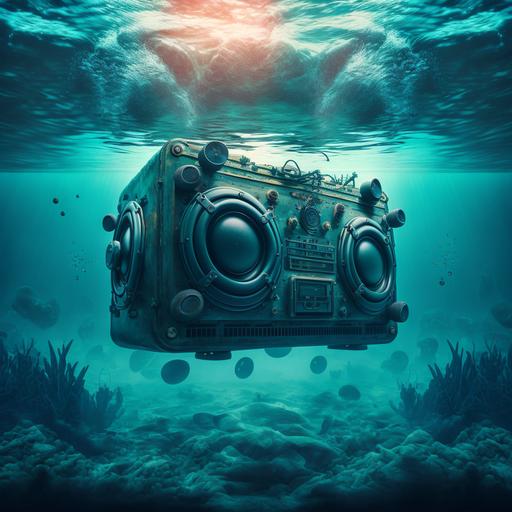 a 80s boom box under water, bottom of the ocean floor, huge subs creating movement in the ocaen floor and water, exlpoding the area around it, real, 8k , high definition, album cover,