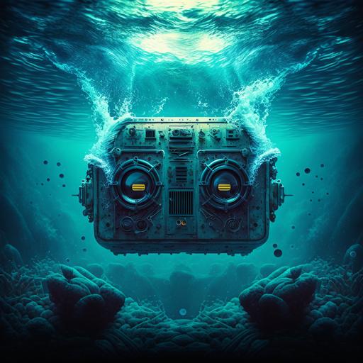 a 80s boom box under water, bottom of the ocean floor, huge subs creating movement in the ocaen floor and water, exlpoding the area around it, real, 8k , high definition, album cover,
