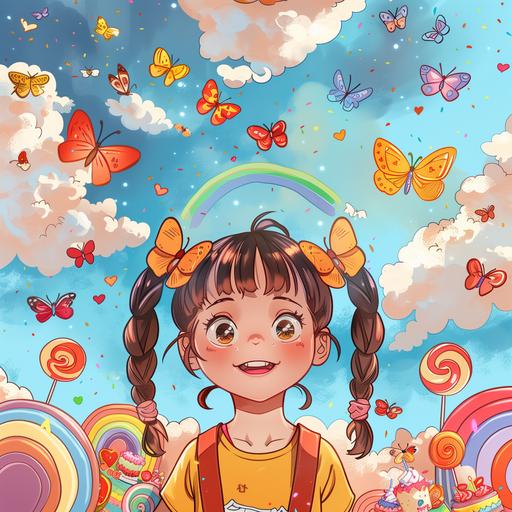 a 9-year Chinese girl, two pigtails with bang, very confident smile, independent personality, in the center of the picture, the background is full of beautiful butterflies, birthday cakes, rainbows, lollipops, and sunshine. simple cartoon style --v 6.0