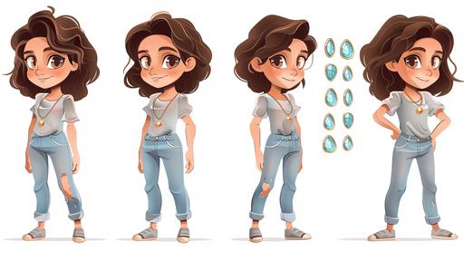 a 9-year-old cartoon vector girl with dark brown hair and brown eyes wearing a gold necklace with a large sapphire stone on it, dressed in a grey shirt and light blue jeans, different poses, 100% white background, light and shadowss, children's book style --ar 16:9