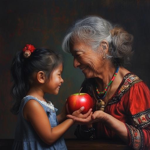 a 9 year old mexican girl giving her teacher an apple, the teacher is an older black woman from North carolina, realistic photography, colorful, daylight, calm, happy