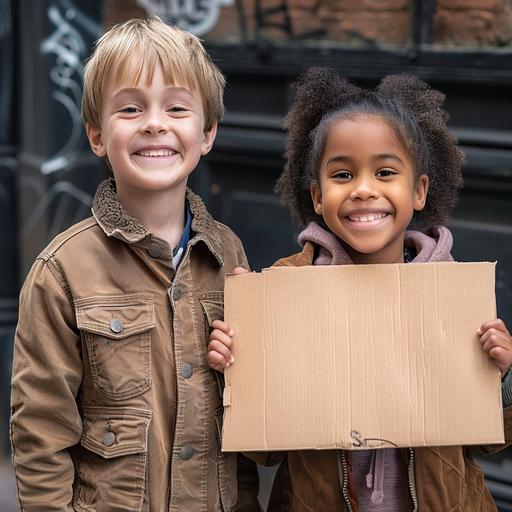 a 9 year old white boy holding a picket sign smiling, standing next to a 9-year-old black girl who is holding a cardboard sign, peaceful, hopeful, daylight photography