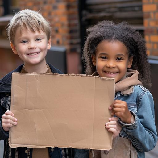 a 9 year old white boy holding a picket sign smiling, standing next to a 9-year-old black girl who is holding a cardboard sign, peaceful, hopeful, daylight photography