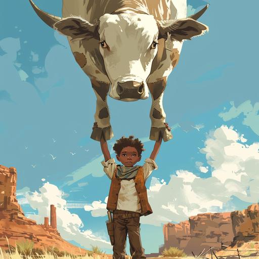 a Black boy in the Wild West lifting up a cow over his head