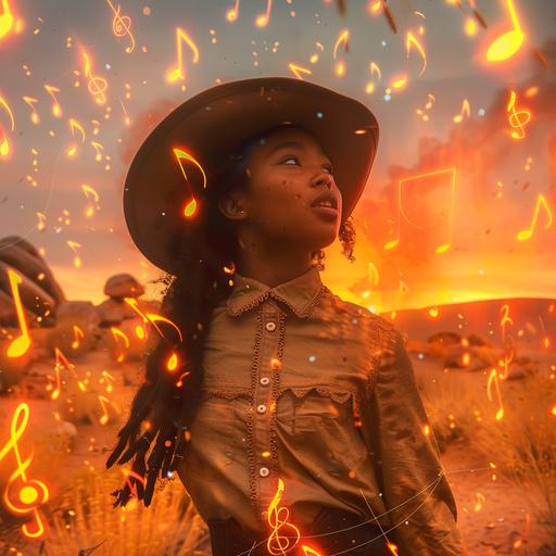 a Black teenage girl in the wild west with glowing musical notes floating in the air behind her