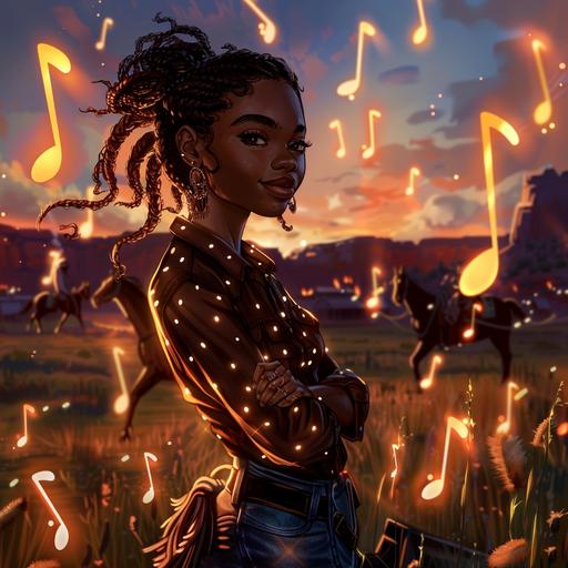 a Black teenage girl in the wild west with glowing musical notes floating in the air behind her