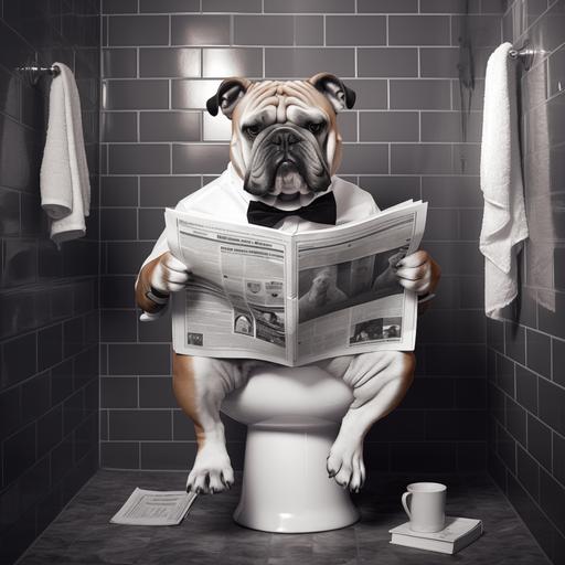 a British bull dog sitting on a human toilet reading the news paper with glasses on, black, white, poster