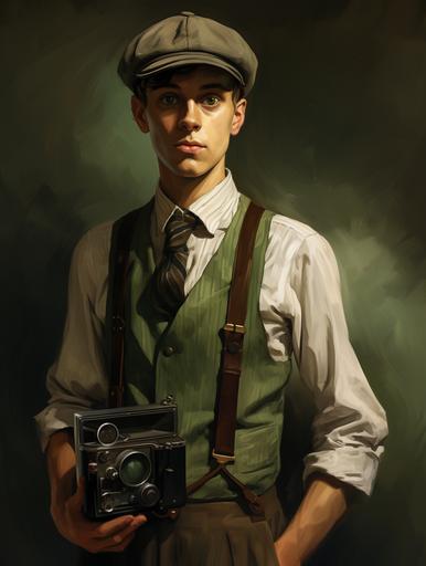 a Call of Cthulhu Lovecraft character, stylized character art illustration of a young irish-american man wearing a flat cap, suspenders, holding an old school 1920's camera, --ar 3:4