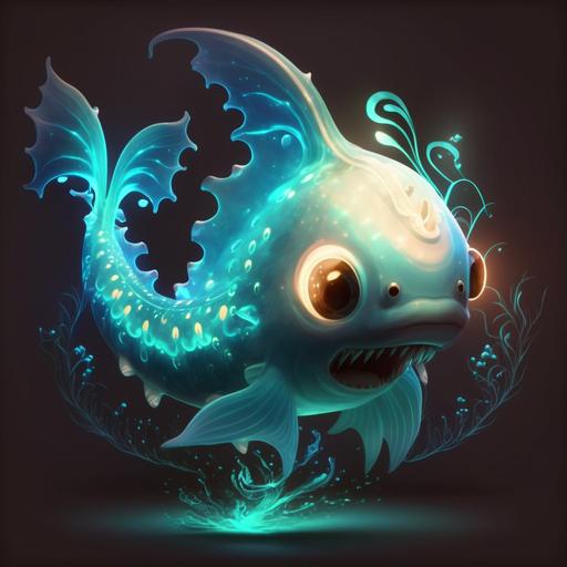 a Capricorn kaiju light bioluminescent, glowing eyes,tail fish tail, tail shark tail, chibi, character design, cute cartoonish style