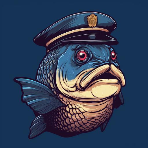 a Carp in a police officer uniform, he looks angry, he has a mustache, cartoon style for shirt