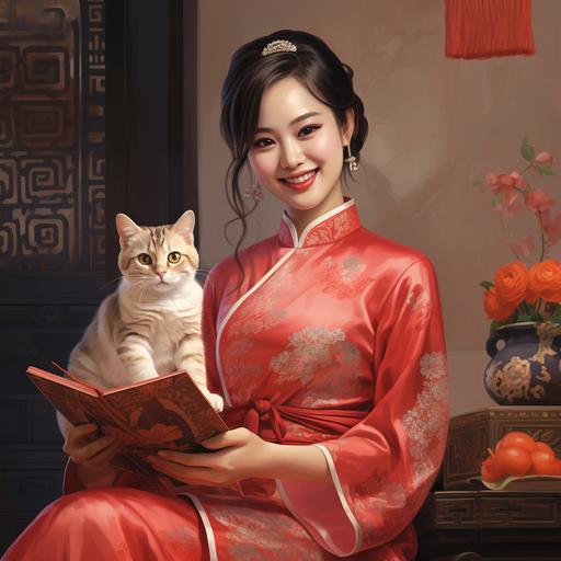 a Chinese lady wearing beautiful cheongsam and teaching Chinese with smile, a cat beside her