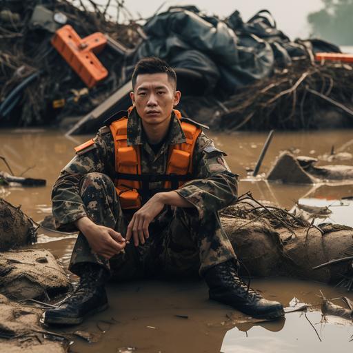 a Chinese solder wear army suit and orange life jacket,sitting on ground, Disaster relief,flood,side view, photographs