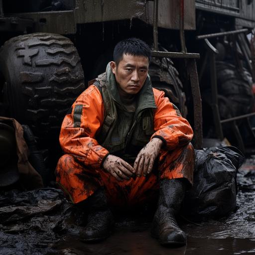 a Chinese solder wear army suit upper body wear orange life jacket,sitting on ground, Disaster relief,flood,side view, photographs，Sitting asleep with my back against a truck tire，bottle of water on ground