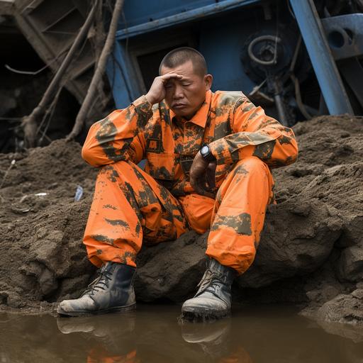 a Chinese solder wear army suit upper body wear orange life jacket,sitting on ground, Disaster relief,flood,side view, photographs，Sitting asleep with my back against a truck tire，bottle of water on ground
