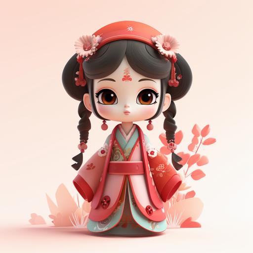 a Chinese traditional costumes, character breakdown, wear red Hanfu, Chinese elements, ink textures,knolling layout, highly detaileddepth, blind box, cute, unique, kawaii, white background, 8K resolution, resin material, extremely detailed details, soft pastel gradients, pop mart toys, studio lighting, display lighting, 3d icon clay render, OC renderer, designed by kenny wong